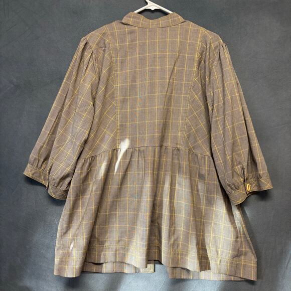 Lane Bryant Plaid Button Front Tunic Top Yellow Check Peplum Preppy Academia - Picture 6 of 8